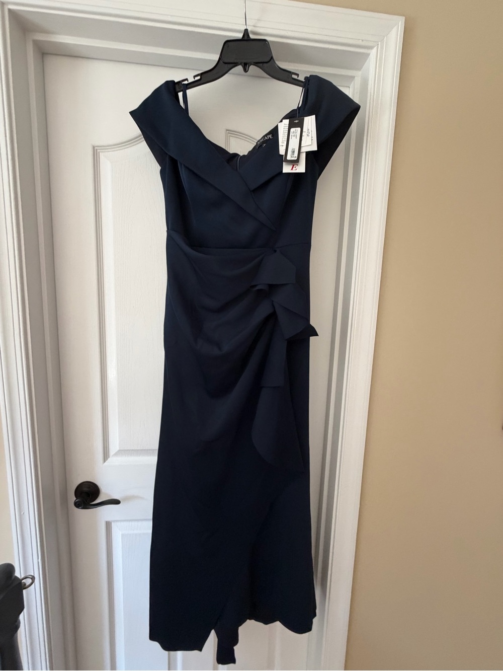 Xscape Navy Off-Shoulder Ruffle-Detail Midi Dress